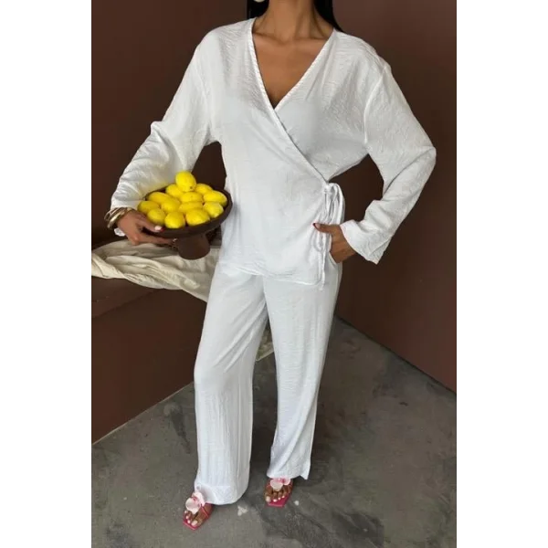 Kruvaze Model Klasik Pantolonlu Çupra Keten Takım 10191