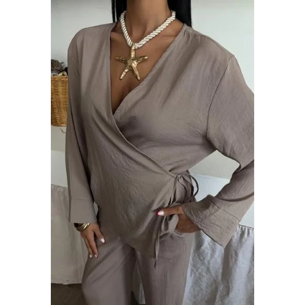 Kruvaze Model Klasik Pantolonlu Çupra Keten Takım 10191