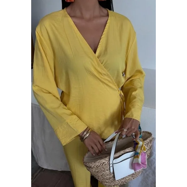 Kruvaze Model Klasik Pantolonlu Çupra Keten Takım 10191