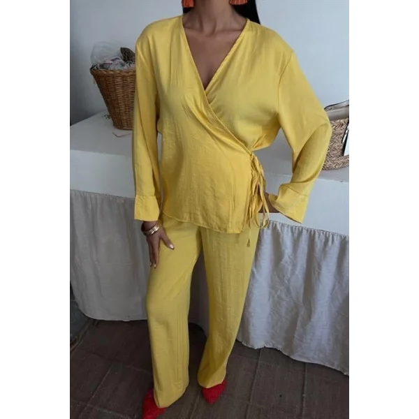 Kruvaze Model Klasik Pantolonlu Çupra Keten Takım 10191