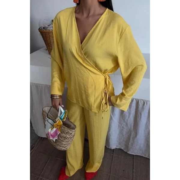 Kruvaze Model Klasik Pantolonlu Çupra Keten Takım 10191