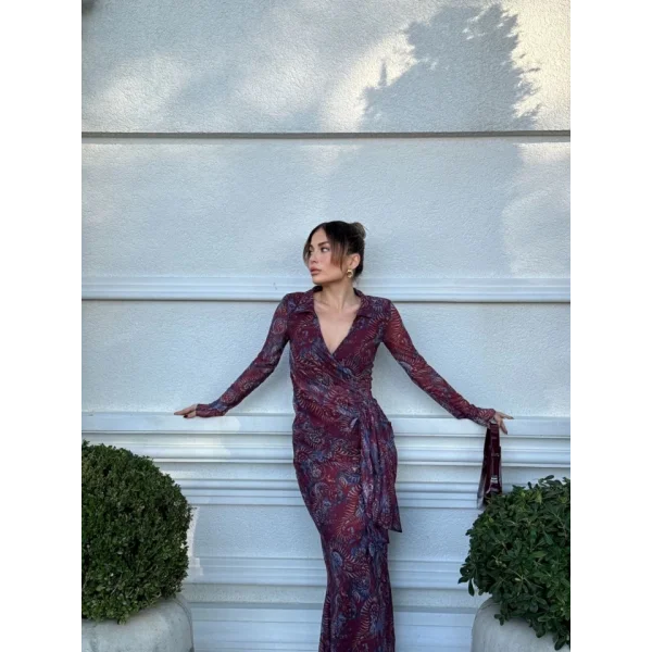 Kruvaze V Yaka, Fırfırlı Ve Bağcıklı Desenli Bluz Ve idi Etek Takım  Bordo