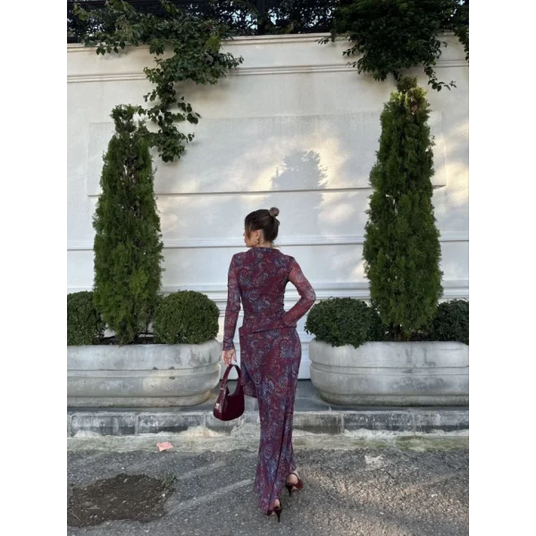 Kruvaze V Yaka, Fırfırlı Ve Bağcıklı Desenli Bluz Ve idi Etek Takım  Bordo