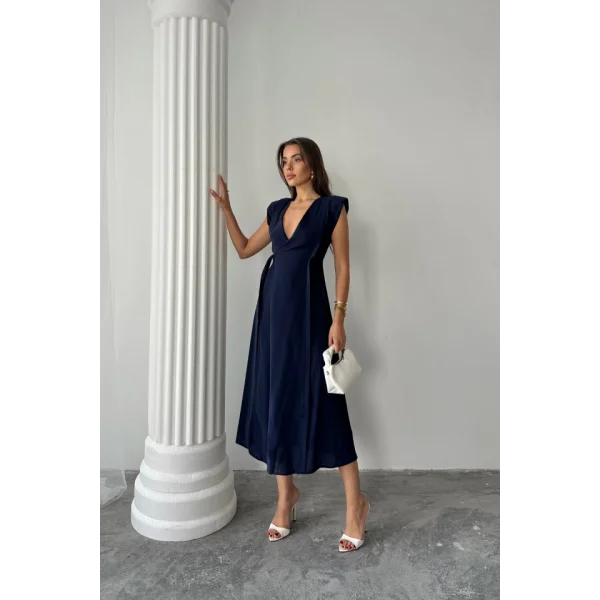 KRUVAZE VATKALI KOLSUZ ELBİSE MODAL KUMAŞ - Lacivert