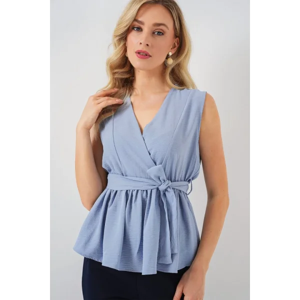 Kruvaze Yaka Kolsuz Bluz 966 - Mavi