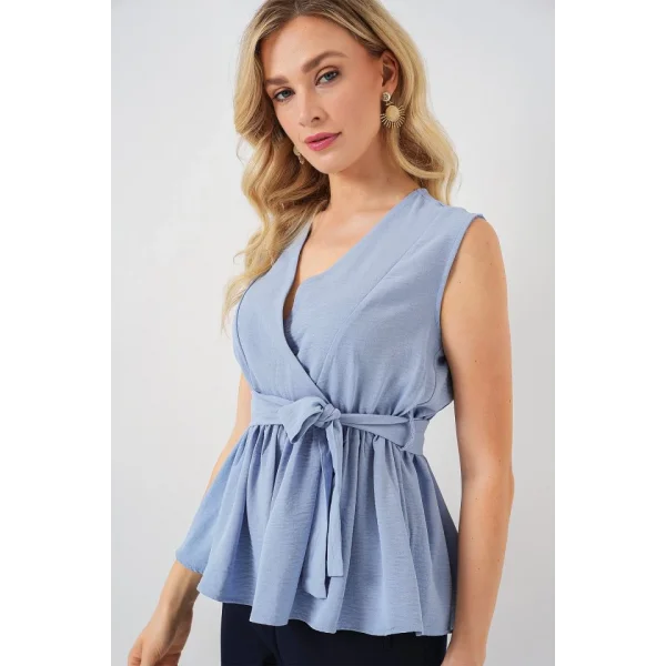 Kruvaze Yaka Kolsuz Bluz 966 - Mavi