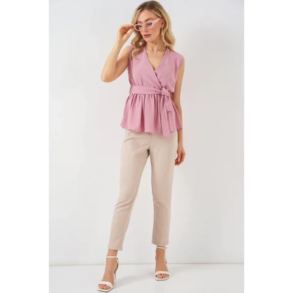 Kruvaze Yaka Kolsuz Bluz 966 - Pudra