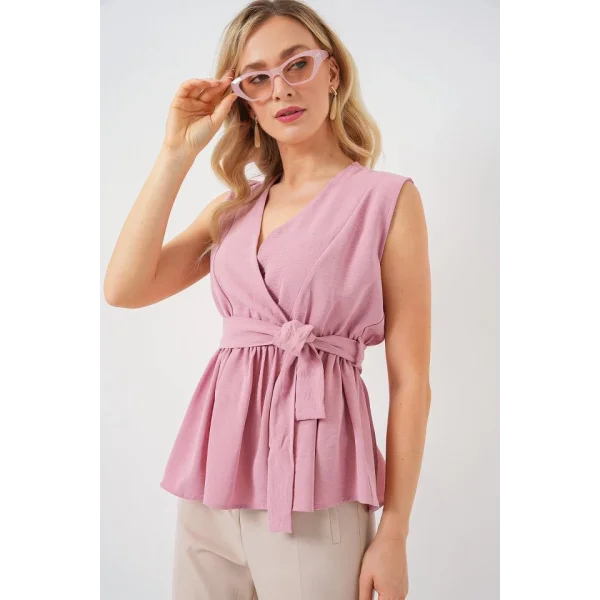 Kruvaze Yaka Kolsuz Bluz 966 - Pudra