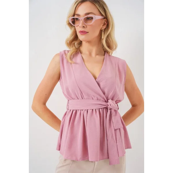 Kruvaze Yaka Kolsuz Bluz 966 - Pudra