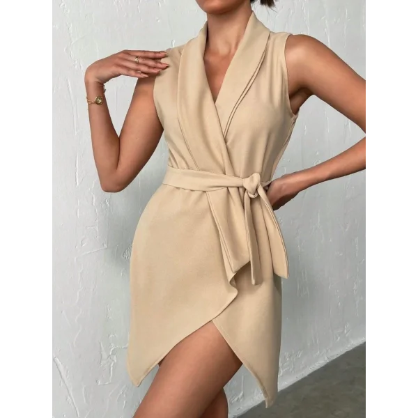 Kruvaze Yaka Kuşaklı Krep Kumaş Elbise