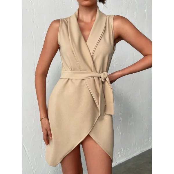 Kruvaze Yaka Kuşaklı Krep Kumaş Elbise