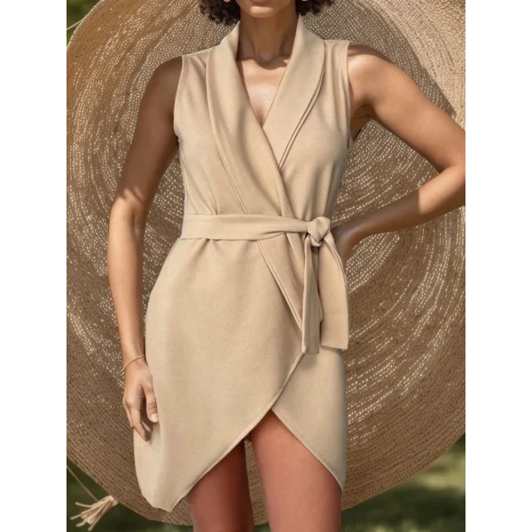 Kruvaze Yaka Kuşaklı Krep Kumaş Elbise