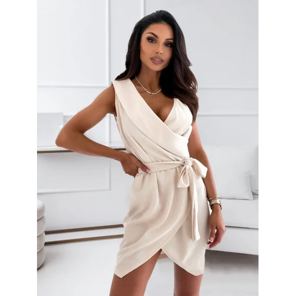 Kruvaze Yaka Kuşaklı Krep Kumaş Elbise