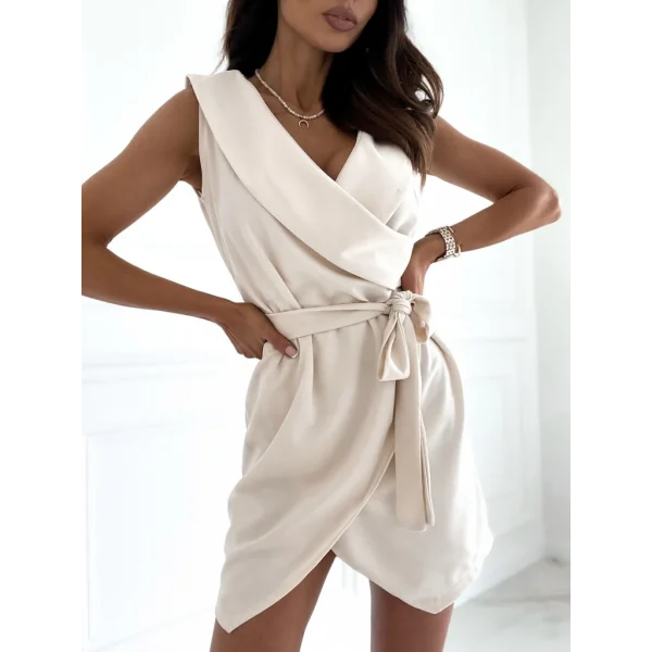 Kruvaze Yaka Kuşaklı Krep Kumaş Elbise