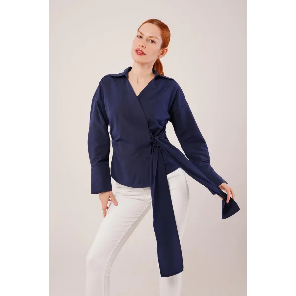 Kruvaze Yaka Yandan Bağlama Detaylı acivert Gömlek