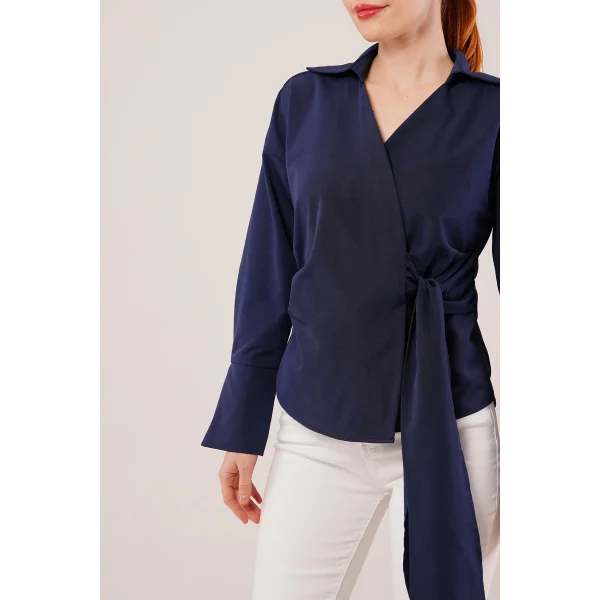 Kruvaze Yaka Yandan Bağlama Detaylı acivert Gömlek