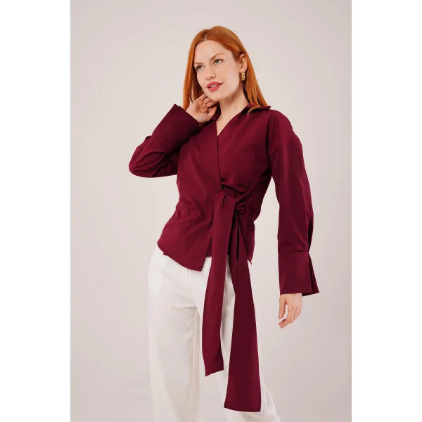 Kruvaze Yaka Yandan Bağlama Detaylı Bordo Gömlek