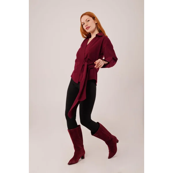 Kruvaze Yaka Yandan Bağlama Detaylı Bordo Gömlek