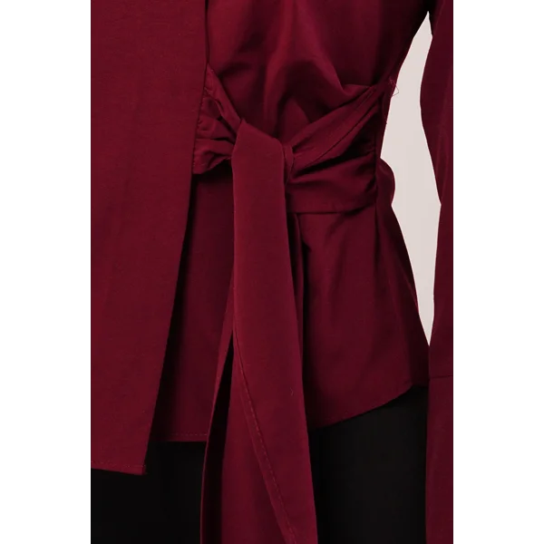 Kruvaze Yaka Yandan Bağlama Detaylı Bordo Gömlek