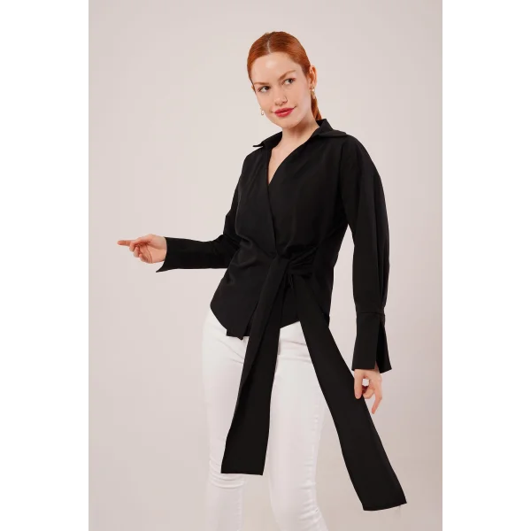 Kruvaze Yaka Yandan Bağlama Detaylı iyah Gömlek