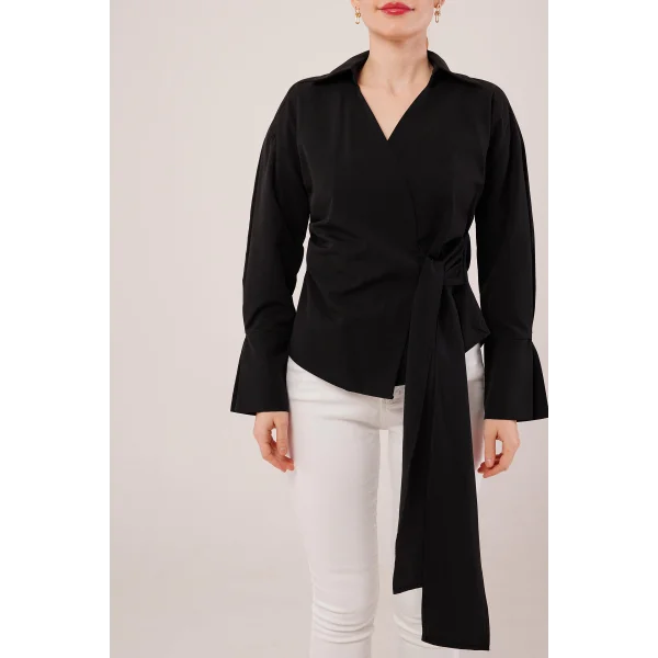 Kruvaze Yaka Yandan Bağlama Detaylı iyah Gömlek