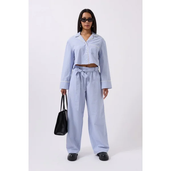 Kuşak Detay Çizgili Pantolon