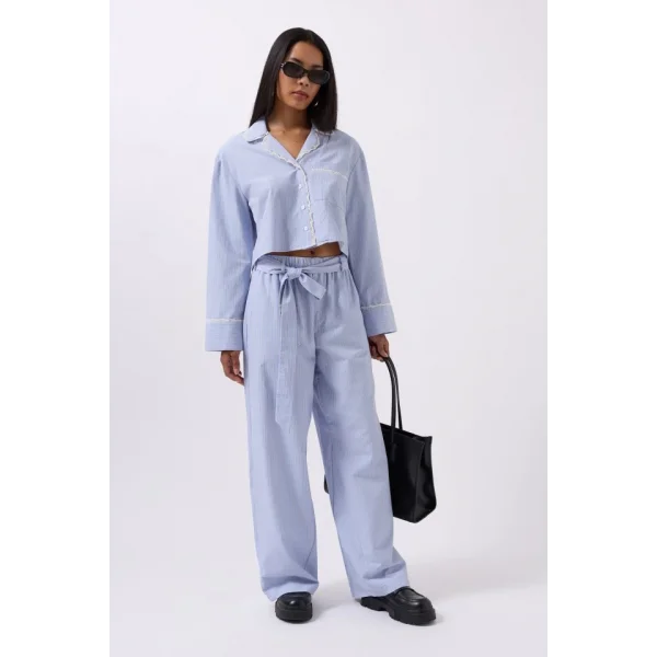 Kuşak Detay Çizgili Pantolon