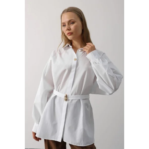Kuşak Detaylı Tunik Gömlek - Beyaz