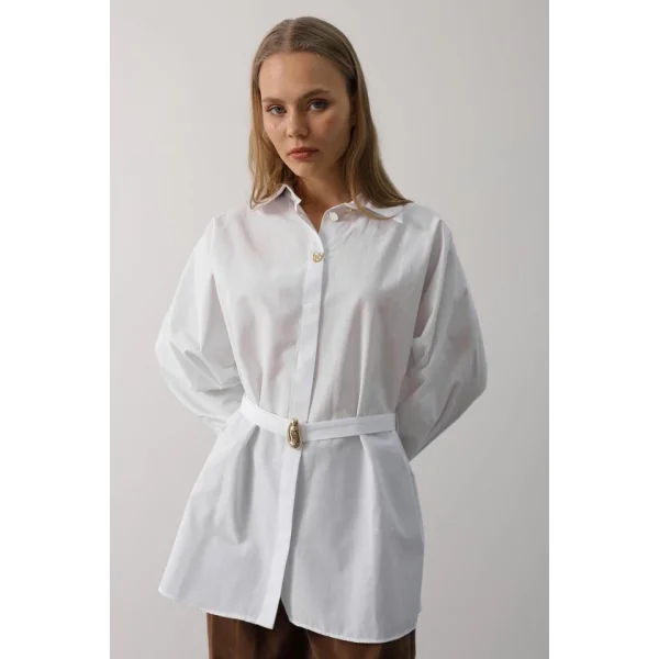 Kuşak Detaylı Tunik Gömlek - Beyaz