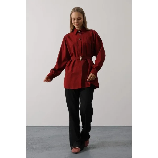 Kuşak Detaylı Tunik Gömlek - Bordo