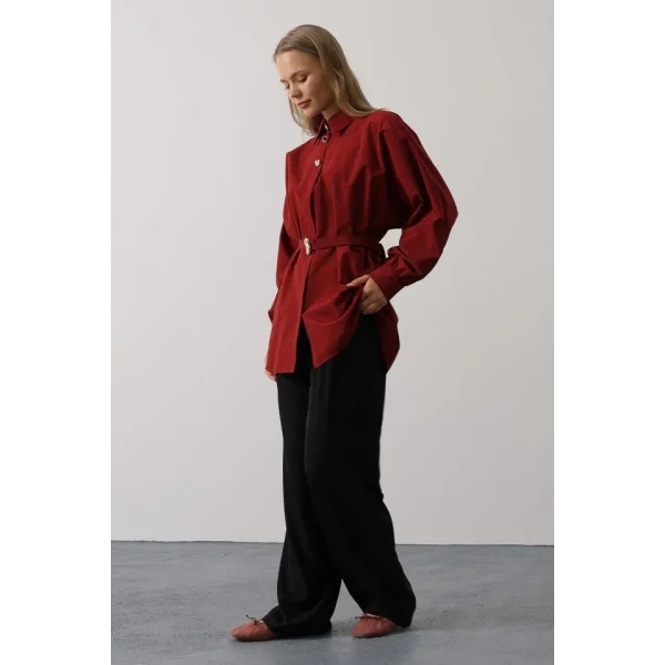 Kuşak Detaylı Tunik Gömlek - Bordo