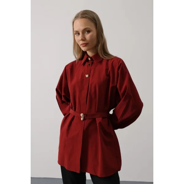Kuşak Detaylı Tunik Gömlek - Bordo