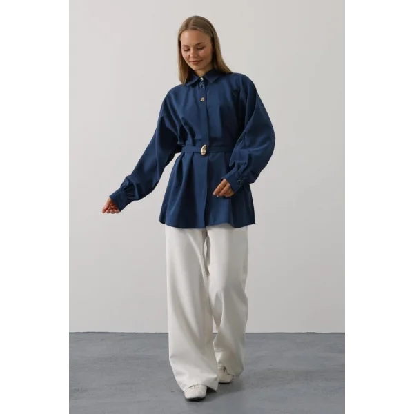 Kuşak Detaylı Tunik Gömlek - İndigo