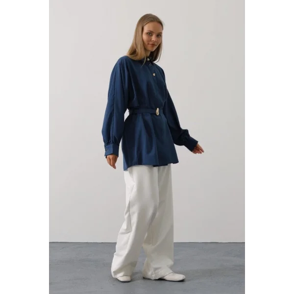 Kuşak Detaylı Tunik Gömlek - İndigo