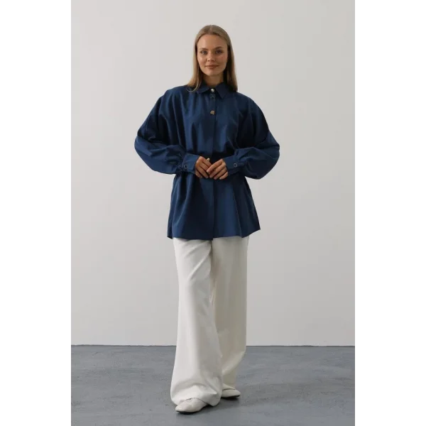 Kuşak Detaylı Tunik Gömlek - İndigo