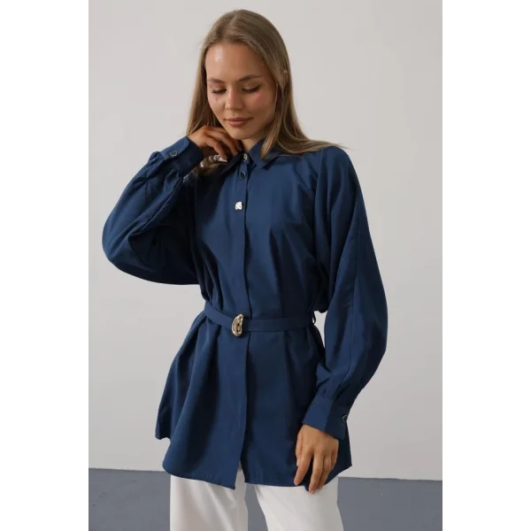 Kuşak Detaylı Tunik Gömlek - İndigo