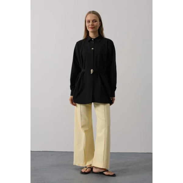 Kuşak Detaylı Tunik Gömlek - Siyah