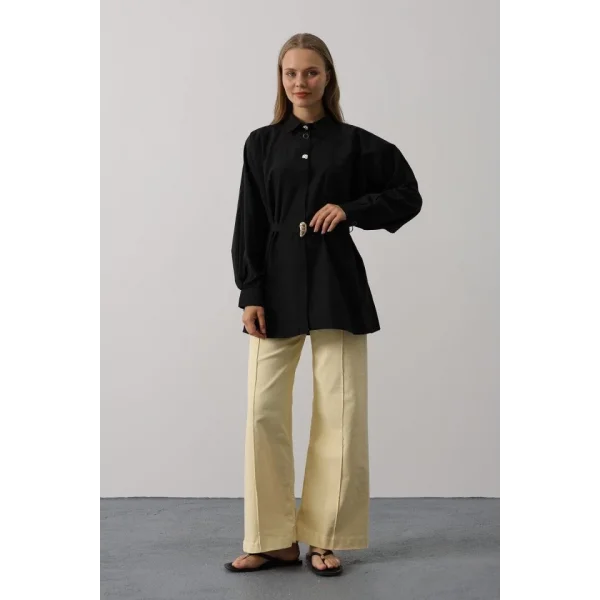 Kuşak Detaylı Tunik Gömlek - Siyah