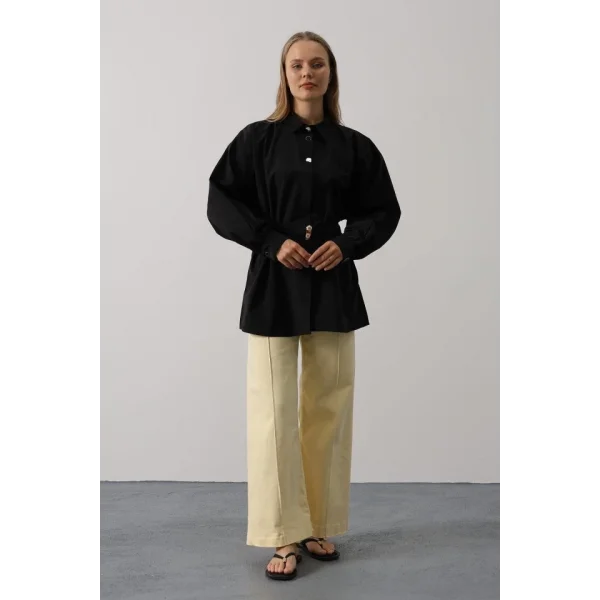 Kuşak Detaylı Tunik Gömlek - Siyah