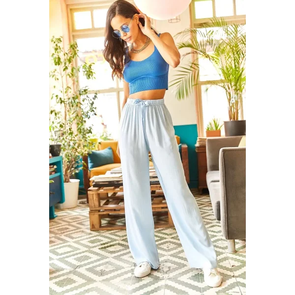 Kuşaklı Açık Mavi Dokuma Viscon Palazzo Pantolon