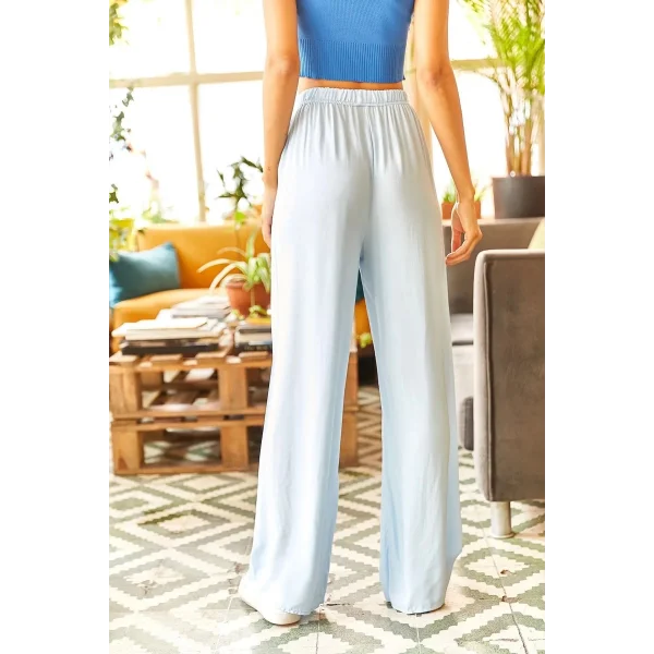 Kuşaklı Açık Mavi Dokuma Viscon Palazzo Pantolon