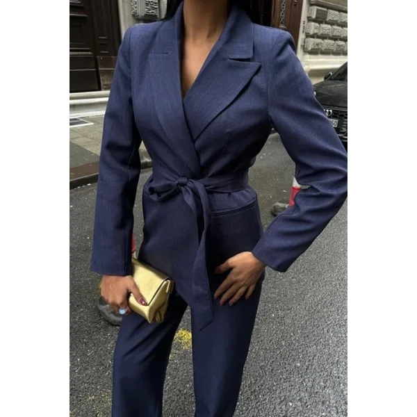 Kuşaklı Ceket Ve Kemer Detaylı Pantolon Takım 10022