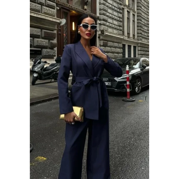 Kuşaklı Ceket Ve Kemer Detaylı Pantolon Takım 10022