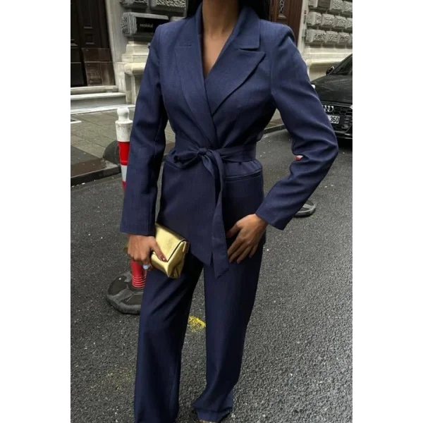 Kuşaklı Ceket Ve Kemer Detaylı Pantolon Takım 10022