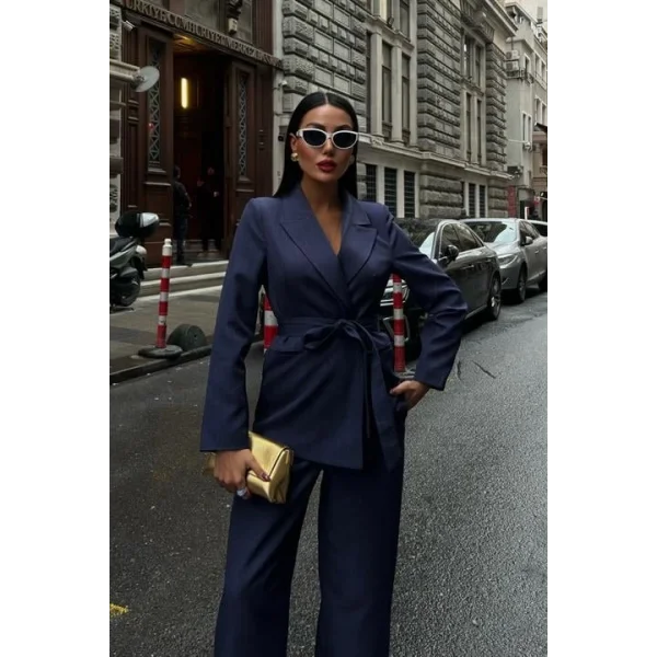 Kuşaklı Ceket Ve Kemer Detaylı Pantolon Takım 10022