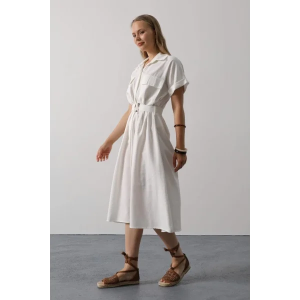 Kuşaklı Cep Detaylı Yarım Kol Elbise - Beyaz