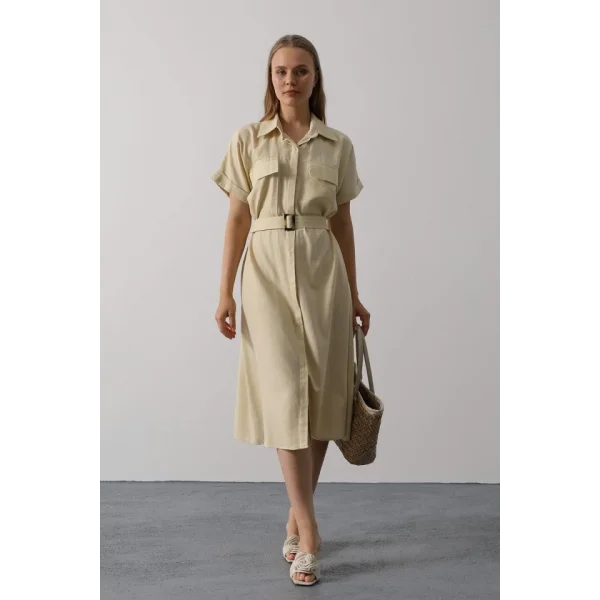 Kuşaklı Cep Detaylı Yarım Kol Elbise - Ekru