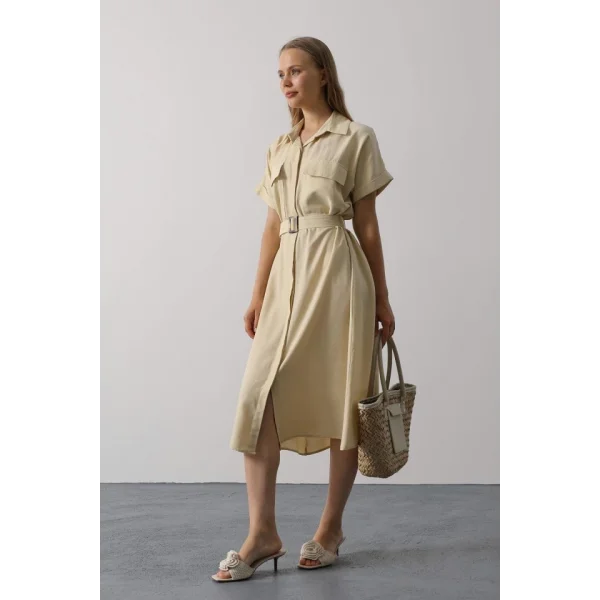 Kuşaklı Cep Detaylı Yarım Kol Elbise - Ekru