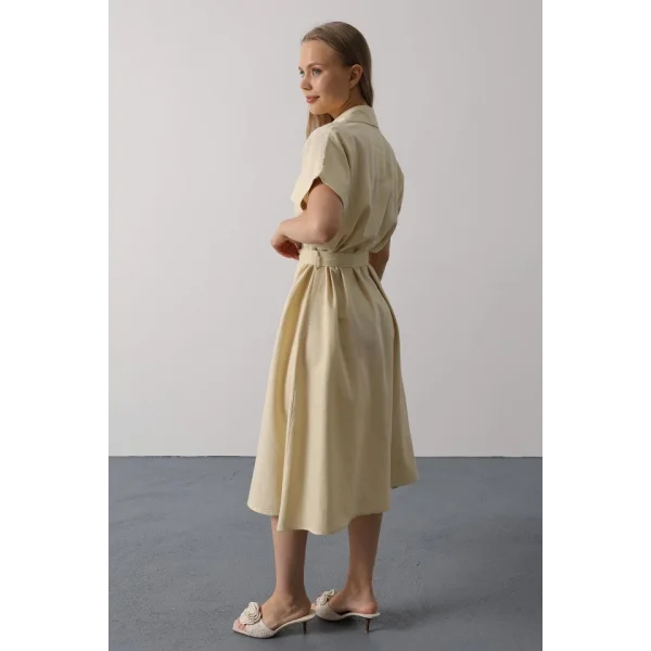 Kuşaklı Cep Detaylı Yarım Kol Elbise - Ekru