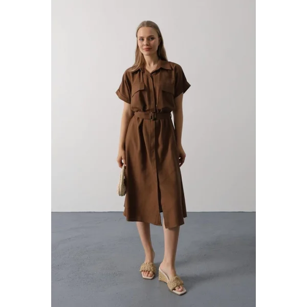 Kuşaklı Cep Detaylı Yarım Kol Elbise - Kahve